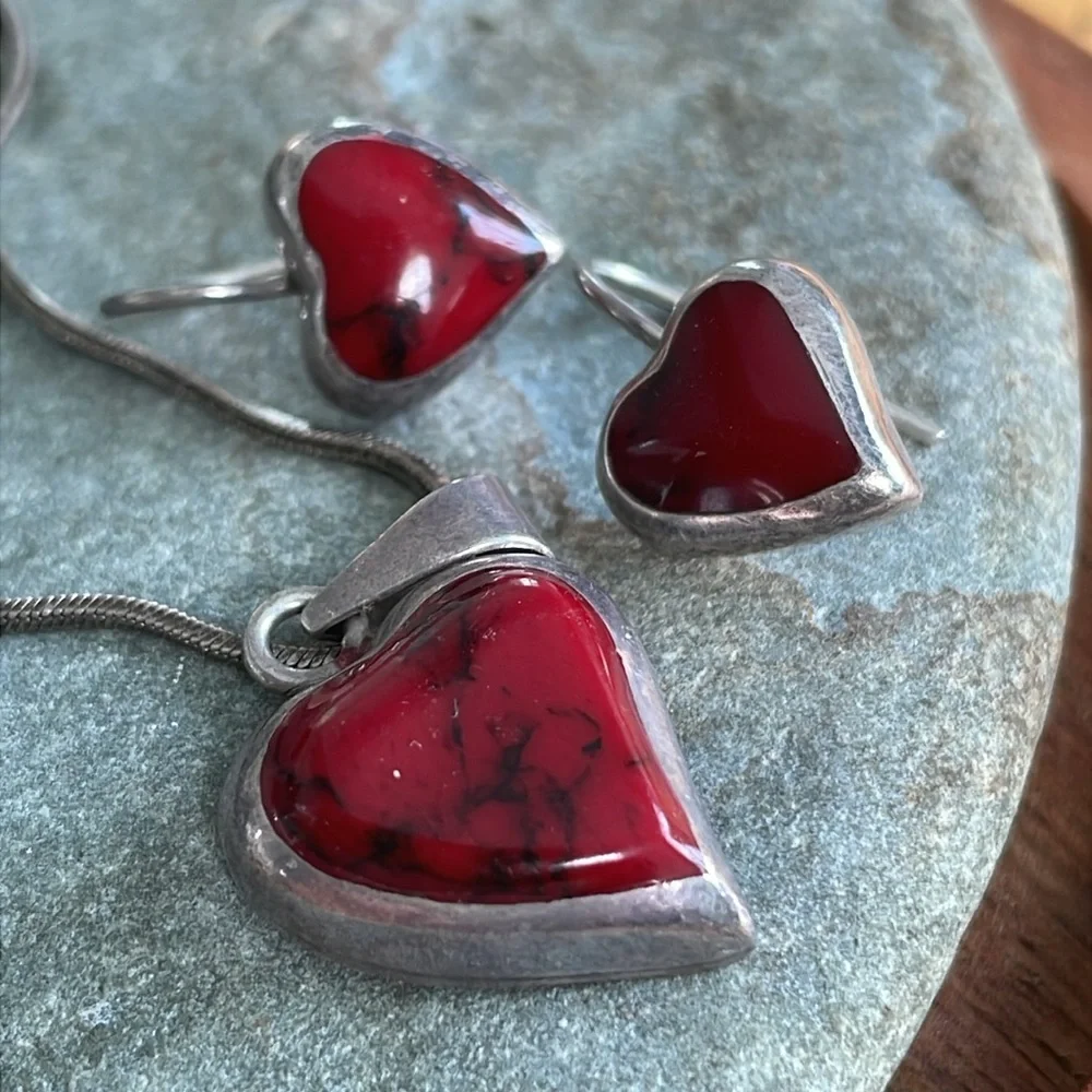 Red Heart Jasper Sterling Earrings and Necklace Mexico - Picture 1 of 12